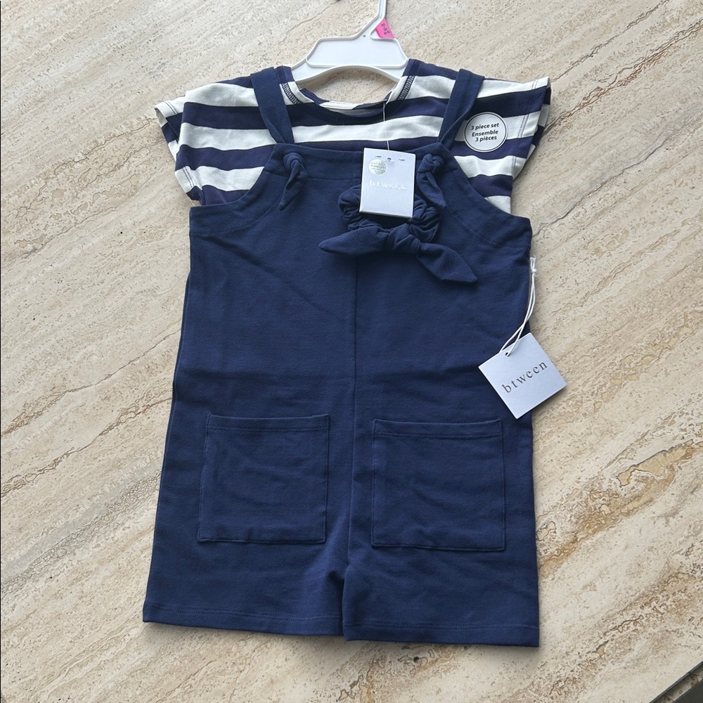 NEW 🆕 Btween three-piece set Navy Blue Overalls with Striped Top and hair tie